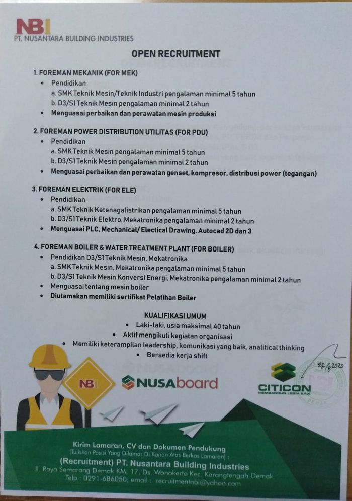 Lowongan PT. Nusantara Building Industries Bulan Agustus 2020 – Dinnakerind  Kabupaten Demak